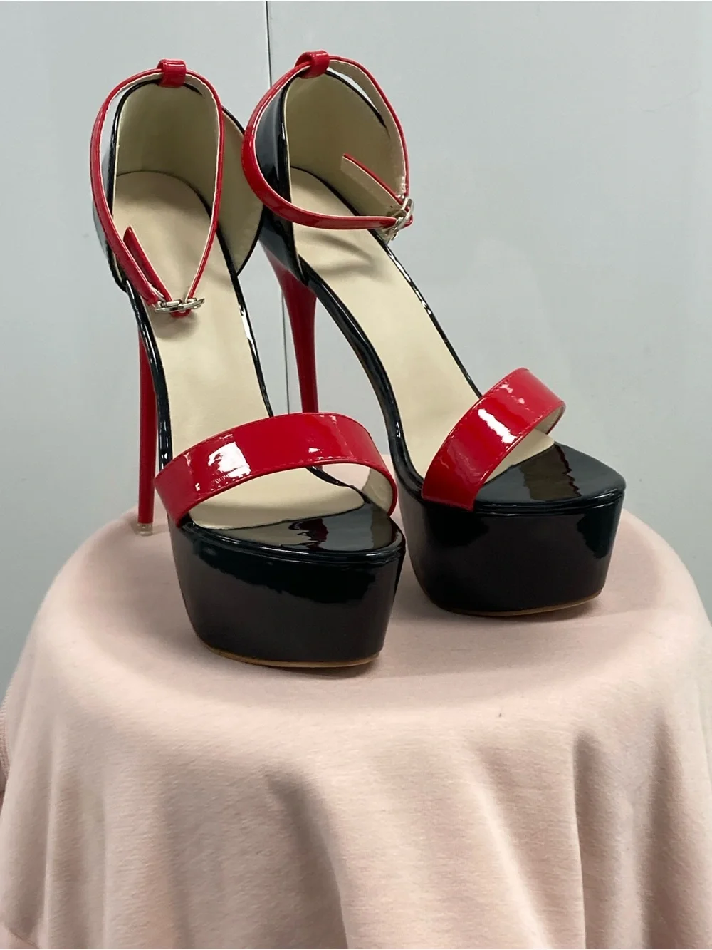 Red and Black Patent Platform Stiletto Sandals - Women